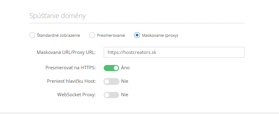 Maskované presmerovanie domény v HostCreators