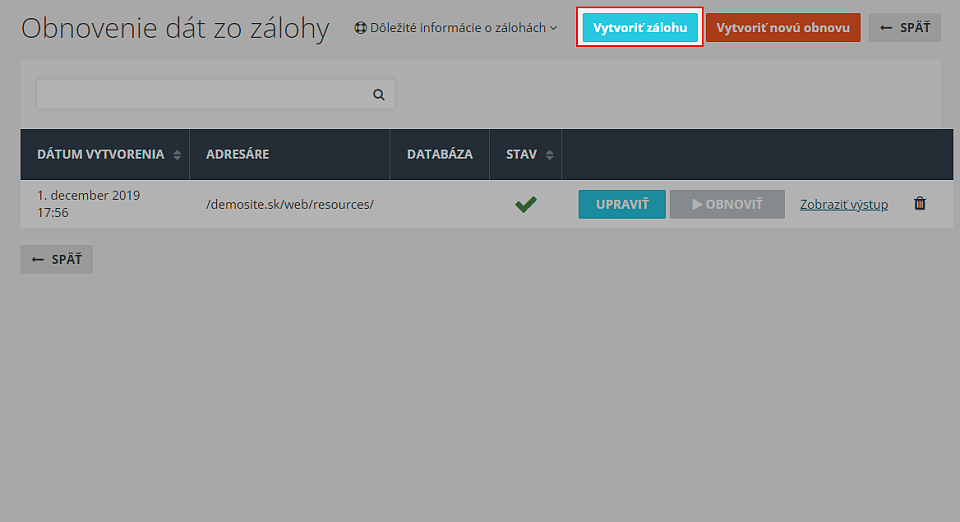 Manuálne vytvorenie zálohy ftp dát
